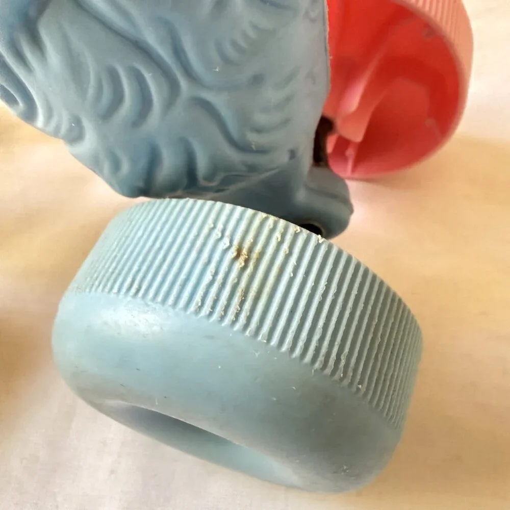 VTG 1950's Blue Poodle Dog Blow Mold Pull Toy Multi-Color Wheels Rare MCM